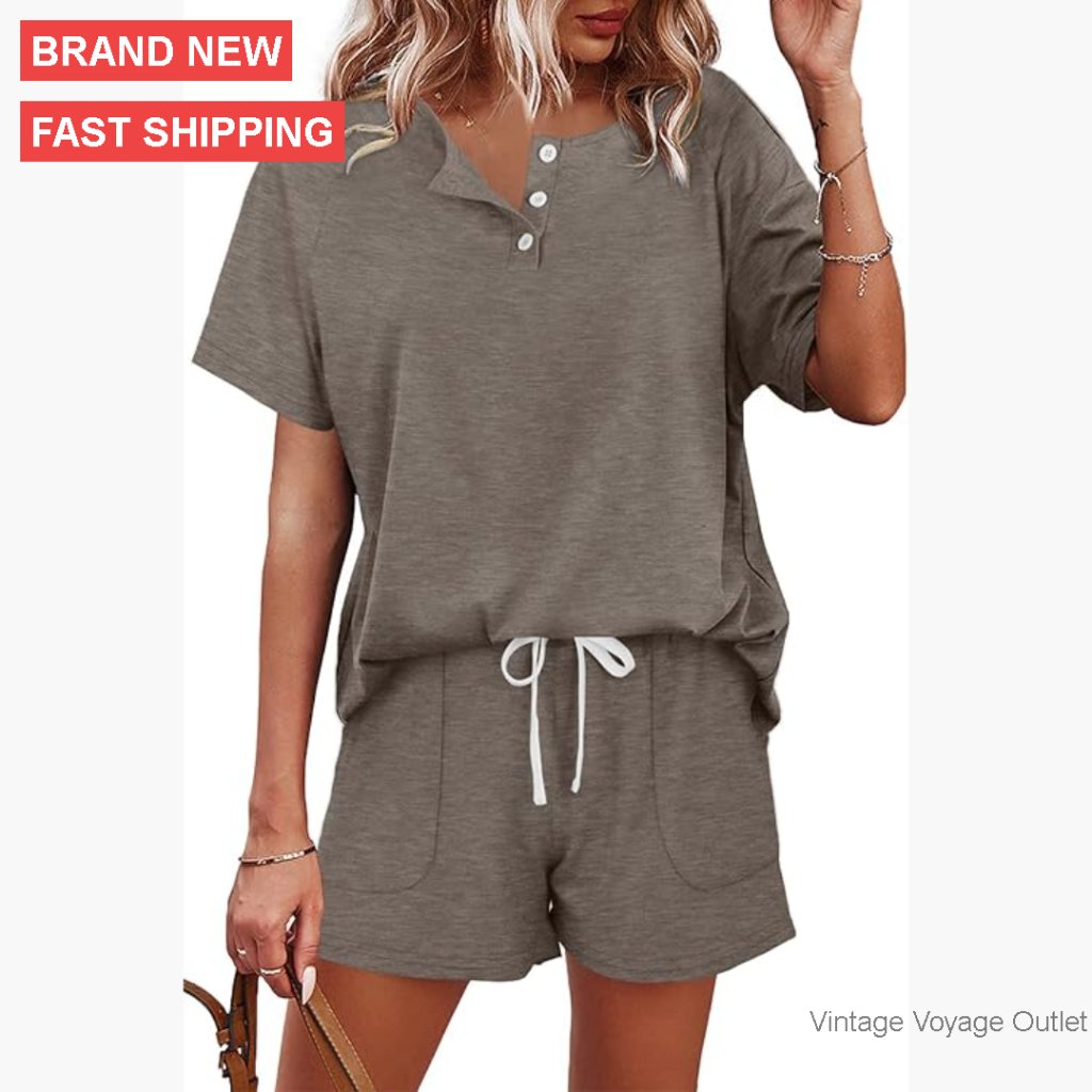 Women's Lounge Set Button Down Top Shorts Pockets Sweatsuit